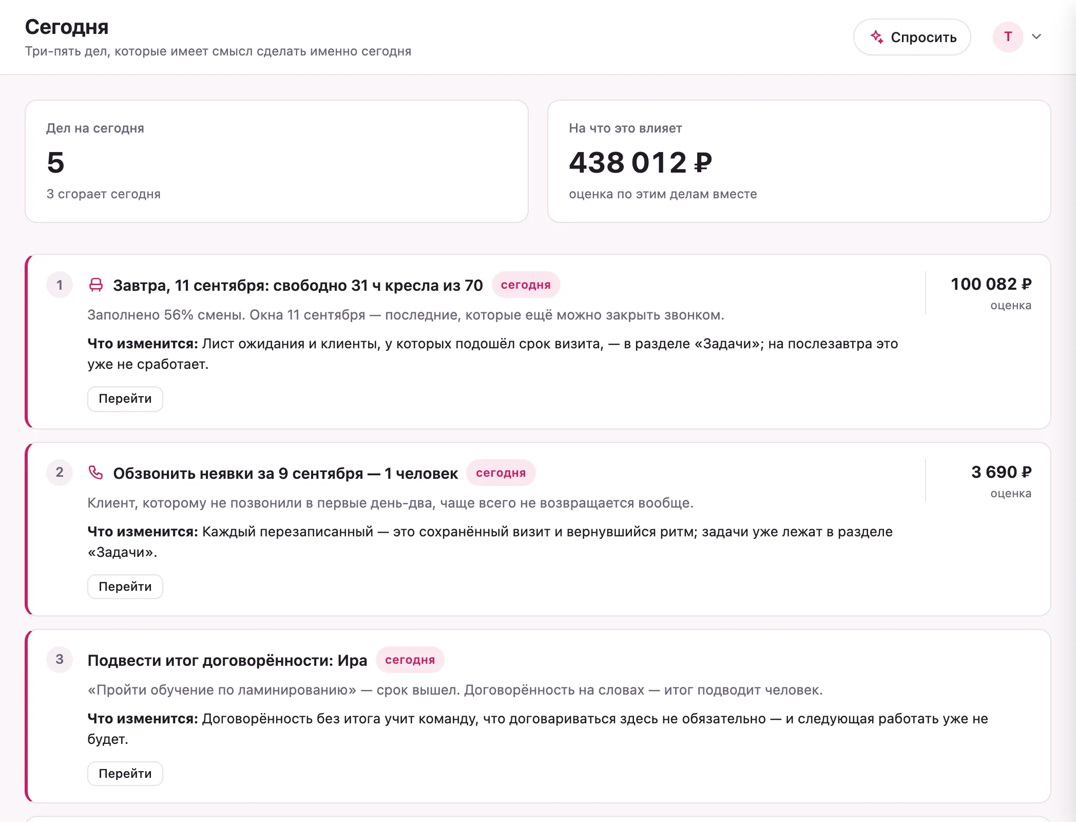 Раздел «Сегодня» в кабинете: пять дел на сегодня с оценкой в рублях, у каждого — почему сегодня и что изменится